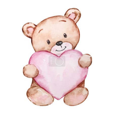 Watercolor cute Teddy Bear with heart Valentines Day, for festive design
