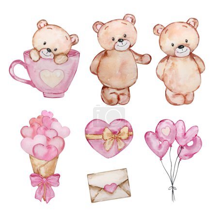 Watercolor Cute Teddy Bears Valentine's Day for holiday design