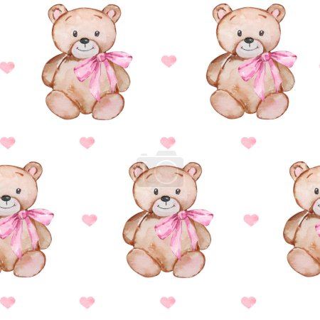 Seamless pattern Valentine's Day of watercolor teddy bears and hearts for design and print