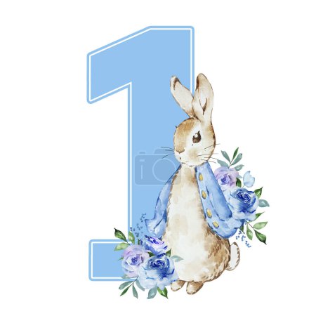 Foto de Watercolor illustration Peter Rabbit First Birthday with bouquet for holiday design - Imagen libre de derechos