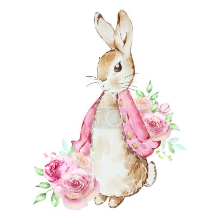 Foto de Watercolor illustration of peter bunny with a bouquet of pink flowers for holiday design - Imagen libre de derechos
