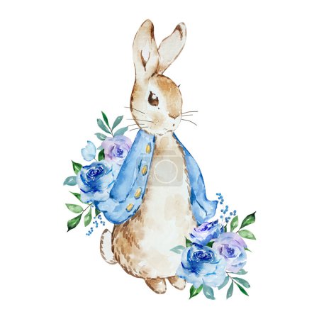 Foto de Watercolor illustration of peter rabbit with a bouquet of blue flowers for holiday design - Imagen libre de derechos