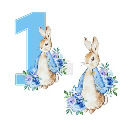 Foto de Watercolor illustration of Peter Rabbit First Birthday for holiday design - Imagen libre de derechos