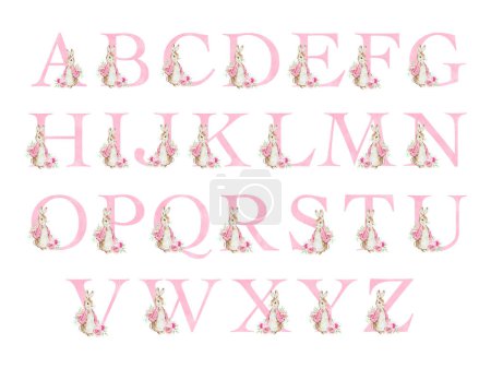 Foto de Watercolor alphabet with pink Flopsy Rabbit for kids design - Imagen libre de derechos