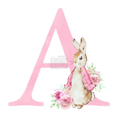 Foto de Watercolor letter A with pink Flopsy Rabbit for kids design - Imagen libre de derechos