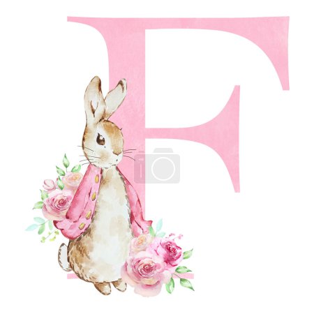 Foto de Watercolor letter F with pink Flopsy Rabbit for kids design - Imagen libre de derechos