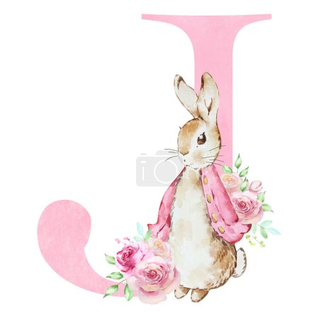 Foto de Watercolor letter J with pink Flopsy Rabbit for kids design - Imagen libre de derechos