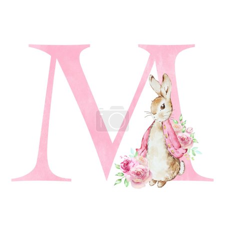 Foto de Watercolor letter M with pink Flopsy Rabbit for kids design - Imagen libre de derechos