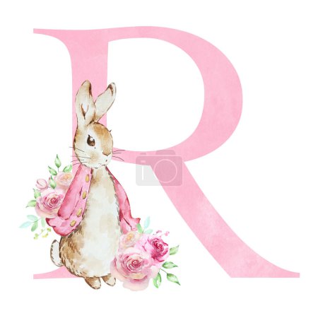 Foto de Watercolor letter R with pink Flopsy Rabbit for kids design - Imagen libre de derechos