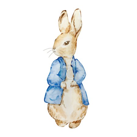 Foto de Watercolor cute rabbit rabbit in a blue jacket for kids design - Imagen libre de derechos