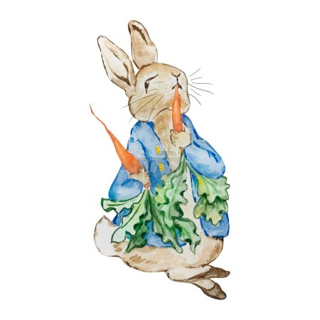 Foto de Watercolor cute rabbit rabbit in a blue jacket with carrots for kids design - Imagen libre de derechos