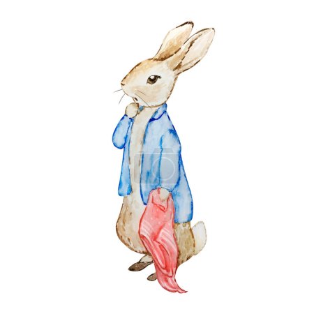 Foto de Watercolor cute rabbit rabbit in a blue jacket for kids design - Imagen libre de derechos