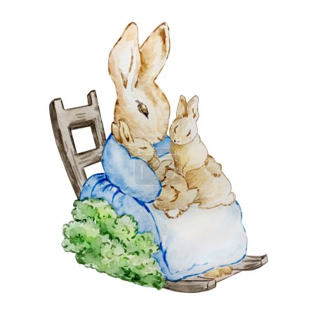 Téléchargez les photos : Aquarelle lapin maman avec des enfants pour la conception des enfants - en image libre de droit