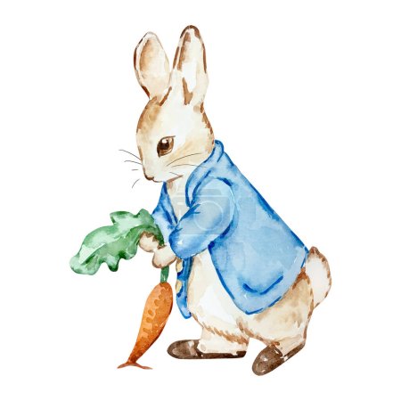 Foto de Watercolor cute rabbit rabbit in a blue jacket with carrot for kids design - Imagen libre de derechos