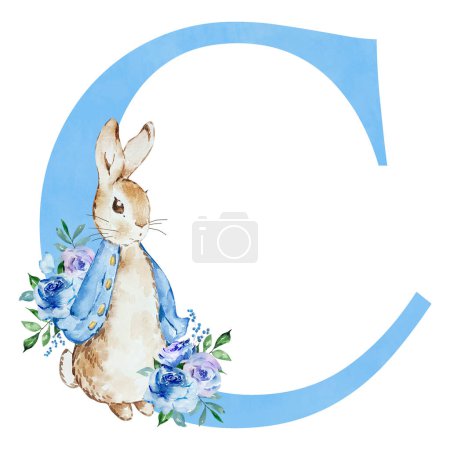 Foto de Watercolor blue letter C with Peter Rabbit for kids design - Imagen libre de derechos