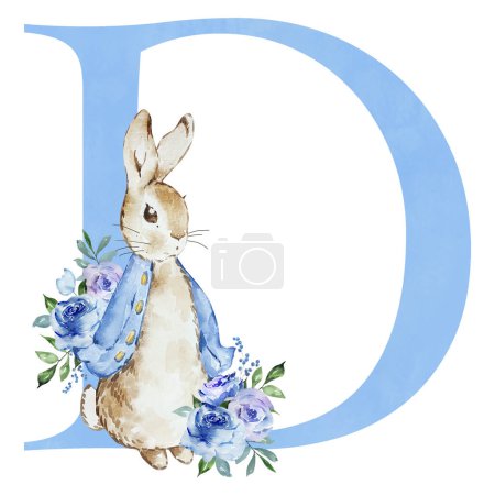 Photo for Watercolor blue letter D with Peter Rabbit for kids design - Royalty Free Image