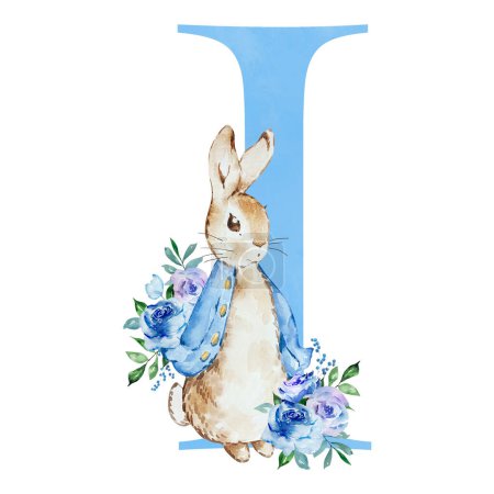 Foto de Watercolor blue letter I with Peter Rabbit for kids design - Imagen libre de derechos