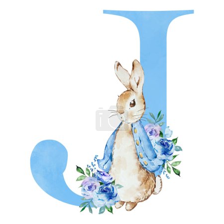 Foto de Watercolor blue letter J with Peter Rabbit for kids design - Imagen libre de derechos