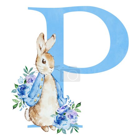 Foto de Watercolor blue letter P with Peter Rabbit for kids design - Imagen libre de derechos