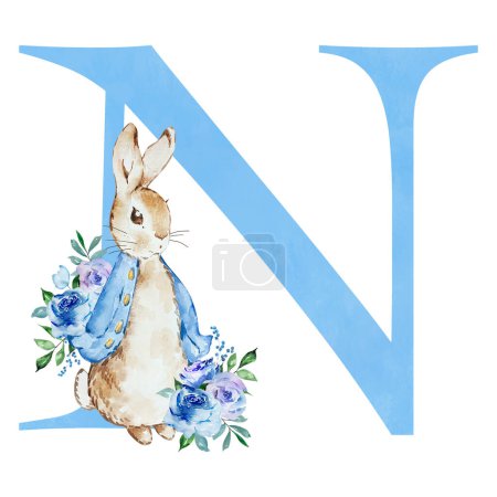 Foto de Watercolor blue letter N with Peter Rabbit for kids design - Imagen libre de derechos