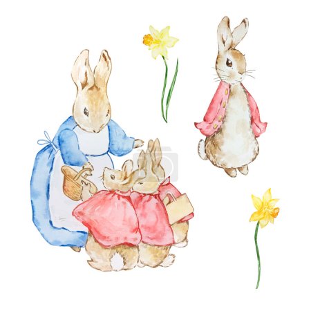 Foto de Watercolor cute rabbits in a blue jacket for kids design - Imagen libre de derechos