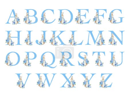 Téléchargez les photos : Watercolor blue alphabet with Peter Rabbit for kids design - en image libre de droit