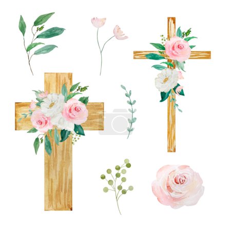 Foto de Acuarela cruces decoradas con flores, Pascua símbolo religioso para el diseño de las fiestas de la iglesia - Imagen libre de derechos