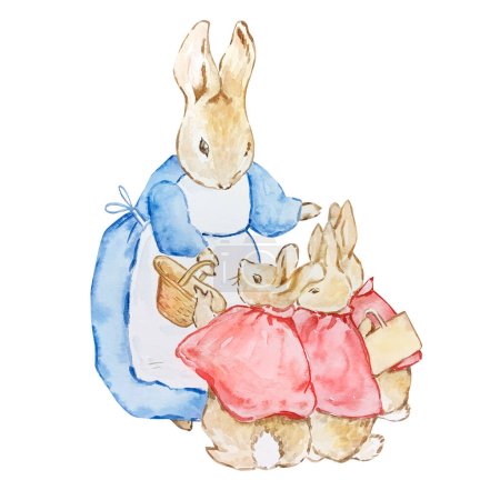 Foto de Watercolor Rabbit mom with flopsy bunnies for kids design - Imagen libre de derechos