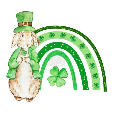 Photo for Watercolor illustration of Peter Rabbit with rainbow for St. Patrick's Day design - Royalty Free Image