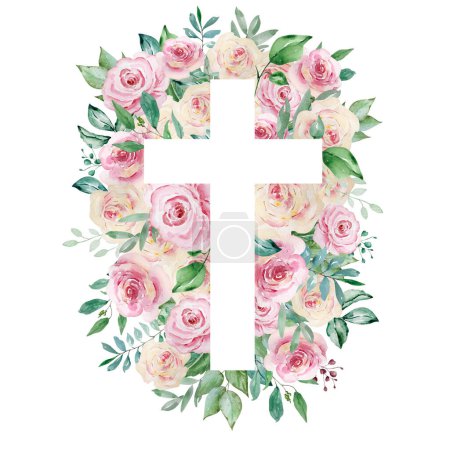 Watercolor cross decorated with roses, Easter religious symbol for the design of church holidays