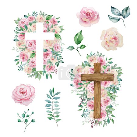Photo for Watercolor crosses decorated with roses, Easter religious symbol for the design of church holidays - Royalty Free Image