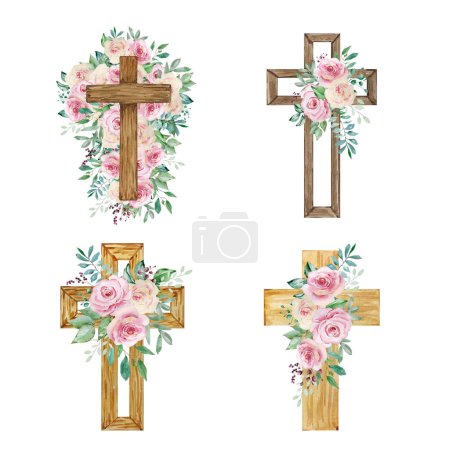 Foto de Acuarela cruces decoradas con rosas, símbolo religioso de Pascua para el diseño de las fiestas de la iglesia - Imagen libre de derechos