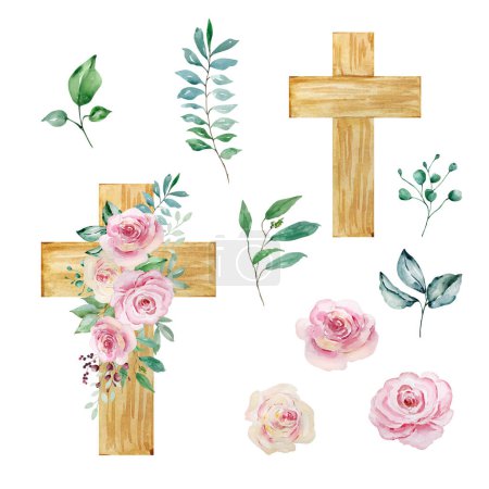 Aquarellkreuze mit Rosen geschmückt, Ostern religiöses Symbol für die Gestaltung von kirchlichen Feiertagen