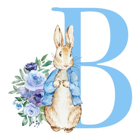 Foto de Letra B azul con acuarela lindo conejo con flores para el diseño baby shower - Imagen libre de derechos