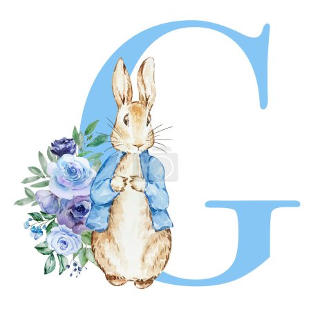 Foto de Letra G azul con acuarela lindo conejo con flores para el diseño baby shower - Imagen libre de derechos