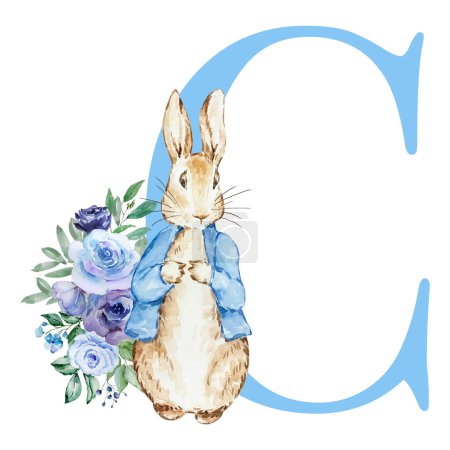 Foto de Letra C azul con acuarela lindo conejo con flores para el diseño baby shower - Imagen libre de derechos
