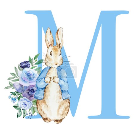 Foto de Letra M azul con acuarela lindo conejo con flores para el diseño baby shower - Imagen libre de derechos