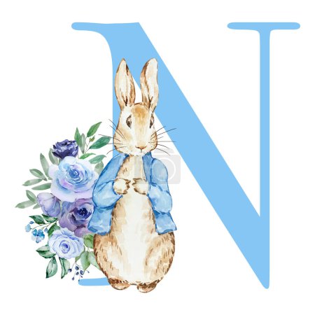 Foto de Letra N azul con acuarela lindo conejo con flores para el diseño baby shower - Imagen libre de derechos