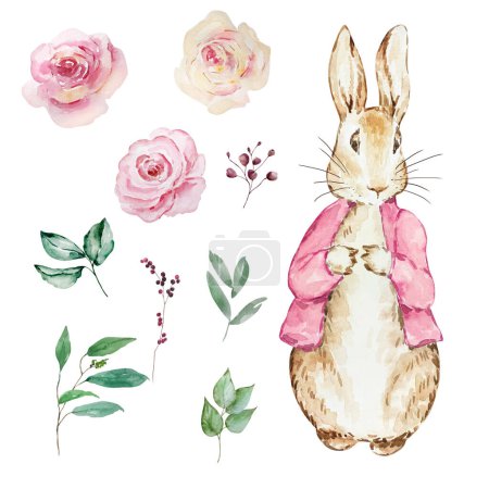 Foto de Acuarela lindo conejo con flores para el diseño baby shower - Imagen libre de derechos