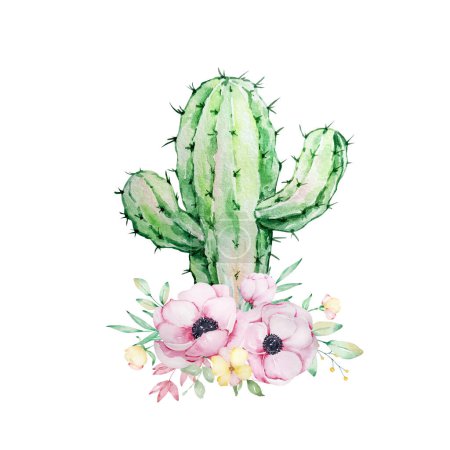 Watercolor illustration of cactus with flowers for design and print