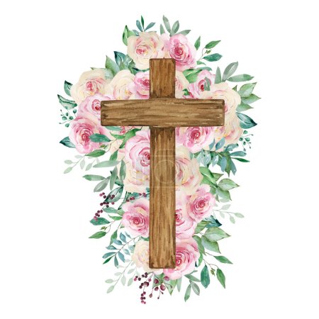 Foto de Cruz de acuarela decorada con rosas, símbolo religioso de Pascua para el diseño de las fiestas de la iglesia - Imagen libre de derechos
