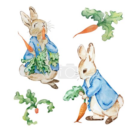 Foto de Watercolor cute rabbits in a blue jacket for kids design - Imagen libre de derechos