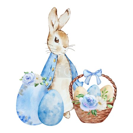 Foto de Acuarela Conejo de Pascua Peter con una cesta de huevos para diseños infantiles - Imagen libre de derechos