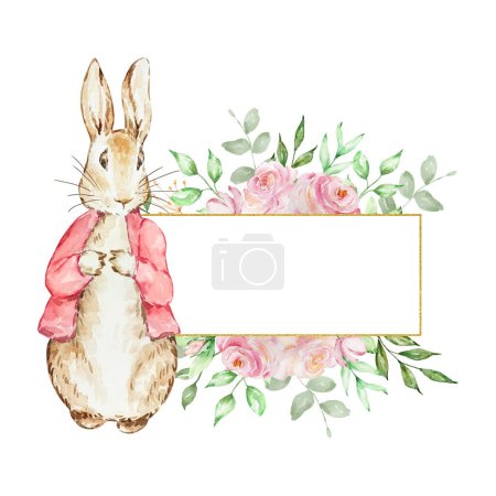 Téléchargez les photos : Ressort aquarelle Peter Rabbit avec cadre fleuri pour dessins et impressions - en image libre de droit