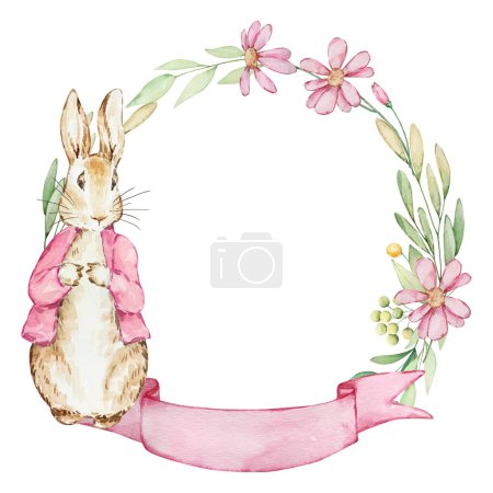 Photo for Watercolor Spring Peter Rabbit with flower frame for kids designs - Royalty Free Image