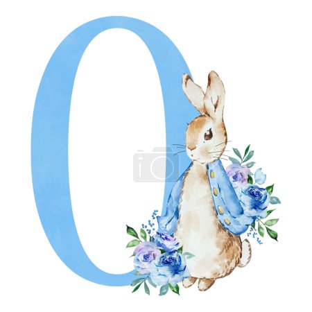 Foto de Número 0 azul con acuarela lindo conejo con flores para el diseño baby shower - Imagen libre de derechos
