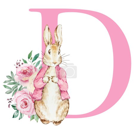 Foto de Rosa letra D con acuarela peter conejo y flores para niños diseño - Imagen libre de derechos