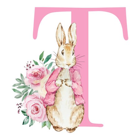 Foto de Rosa letra T con acuarela peter conejo y flores para el diseño de los niños - Imagen libre de derechos