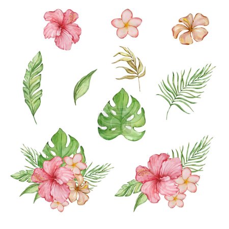 Photo pour Aquarelle illustration tropicale avec des feuilles tropicales lumineuses et des fleurs pour la conception d'été - image libre de droit