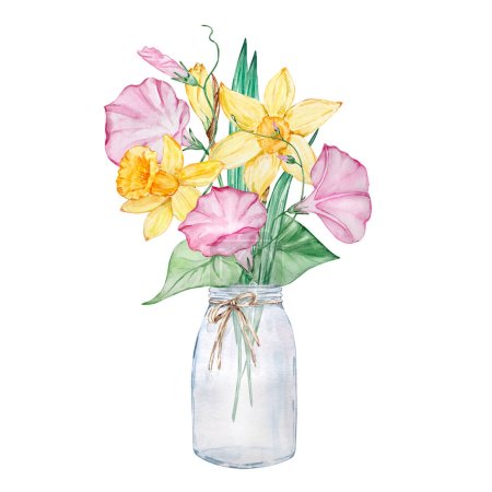 Téléchargez les photos : Bouquet aquarelle de fleur de mois de naissance dans un vase, conception pour les impressions et les cartes - en image libre de droit